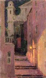 Henri Le Sidaner  - Bilder Gemälde - Street to the Church in the Moonlight