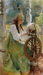 Konstantin Egorovich Makovsky - Bilder Gemälde - At the Spinning-Wheel