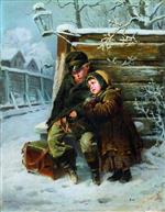 Konstantin Egorovich Makovsky  - Bilder Gemälde - Little Barrel-Organ Players in Winter