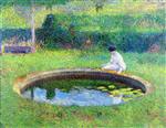 Henri Martin  - Bilder Gemälde - Madame Henri Martin assise sur la margelle d'un des bassins de Marquayrol