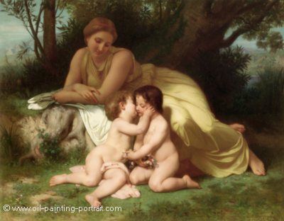 Young Woman contemplating two embracing children