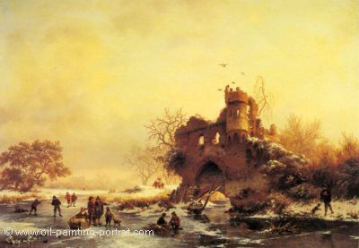 Winter Landscape with Skaters on a Frozen River beside Castle Ruins