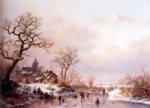 Frederik Marianus Kruseman - paintings - Winter (Townsfolk Skating on a Frozen Waterway near a fortified Mansion at Dusk)