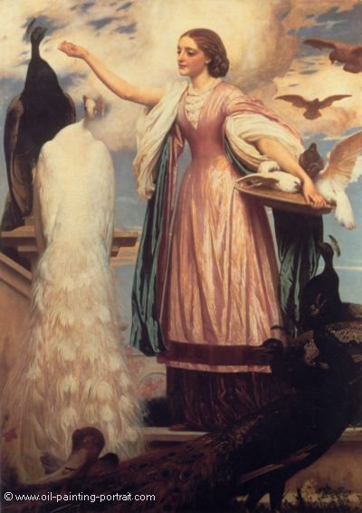 A Girl Feeding Peacocks