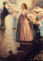 Lord Frederic Leighton - Bilder Gemälde - Ein Mädchen füttert Pfauen