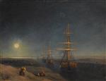 Ivan Aivazovsky  - Bilder Gemälde - Ships Travelling Through a Canal on a Moonlit Night