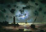 Bild:The Seashore with a Lighthouse at Night