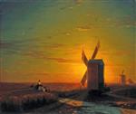 Bild:Windmills in the Ukrainian Steppe at Sunset