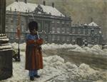 Paul Gustave Fischer - Bilder Gemälde - A Royal Life Guard on Duty Outside the Royal Palace Amalienborg, Copenhagen