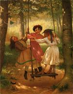 John George Brown  - Bilder Gemälde - Three Girls on a Swing
