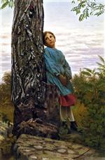 John George Brown  - Bilder Gemälde - Watching the Woodpecker