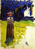 Wassily Kandinsky  - Bilder Gemälde - Kochel - Lady Standing by the Forest's Edge