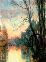 Albert Lebourg  - Bilder Gemälde - View of a River with Trees at Sunset