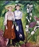 Edvard Munch  - Bilder Gemälde - Two Girls under a Apple Tree in Bloom