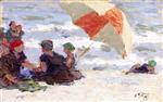 Edward Henry Potthast  - Bilder Gemälde - Bathers with Striped Umbrella