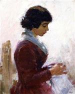 Theodore Robinson  - Bilder Gemälde - Girl in Red, Sewing