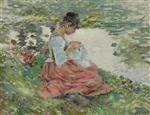 Theodore Robinson  - Bilder Gemälde - Girl Sewing by River