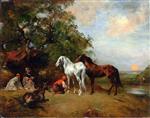 Eugene Fromentin  - Bilder Gemälde - Sunset, Arab Harnessing a Brown Horse and a White Horse