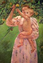 Mary Cassatt - Peintures - Bébé cueillant une pomme