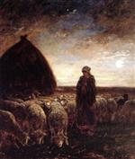 Charles Emile Jacque - Bilder Gemälde - A Shepherdess Watching Her Flock at Night