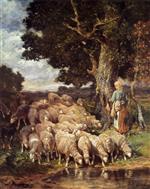 Bild:A Shepherdess with her Flock near a Stream