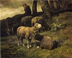 Charles Emile Jacque - Bilder Gemälde - Grazing Sheep with a Sheperdhess Beyond