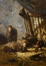 Charles Emile Jacque  - Bilder Gemälde - Sheep in a Stall