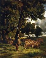 Charles Emile Jacque  - Bilder Gemälde - The Shepherdess and Her Flock