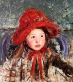Mary Cassatt  - Peintures - Petite fille avec un grand chapeau rouge