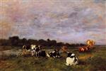 Eugene Boudin - Bilder Gemälde - A Pasture on the Banks of the Touques