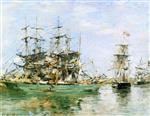 Eugene Boudin - Bilder Gemälde - A Three Masted Ship in Port