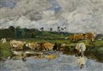 Eugene Boudin  - Bilder Gemälde - Cows on the Shore of the Toucques