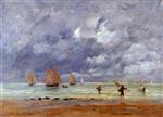 Eugene Boudin  - Bilder Gemälde - Fishermen and Sailboats near Trouville