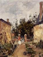 Eugene Boudin  - Bilder Gemälde - Madame S with Her Children in Their Garden at Trouville