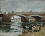 Eugene Boudin  - Bilder Gemälde - Washerwomen near a Bridge