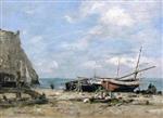 Bild:Étretat, Fishing Boats on the Beach and Falaise d'Aval