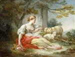 Bild:A Shepherdess Seated with Sheep and a Basket of Flowers Near a Ruin in a Wooded Landscape