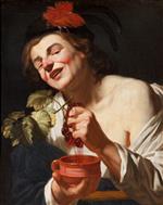 Gerrit van Honthorst - Bilder Gemälde - A Bacchic Young Man Squeezing Grapes into a Cup