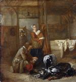 Pieter de Hooch - Bilder Gemälde - A Man with Dead Birds, and Other Figures, in a Stable