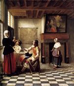 Pieter de Hooch - Bilder Gemälde - A Woman Drinking with Two Men