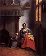 Pieter de Hooch - Bilder Gemälde - A Woman Nursing an Infant with a Child and a Dog