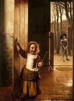 Bild:Children in a Doorway with Golf Sticks