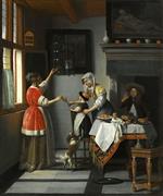 Pieter de Hooch - Bilder Gemälde - Interior with a Child Feeding a Parrot