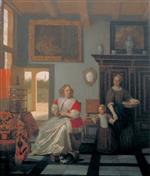 Pieter de Hooch - Bilder Gemälde - Interior with a Woman Knitting, a Serving Woman and a Child