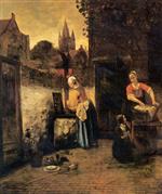 Pieter de Hooch  - Bilder Gemälde - Two women with a child in the yard