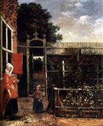 Pieter de Hooch  - Bilder Gemälde - Woman with a Child Blowing Bubbles in a Garden