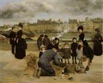 Jean Beraud - Bilder Gemälde - Children With a Toy Seller on the Quai du Louvre