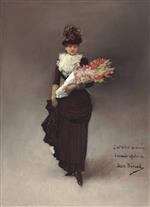 Jean Beraud  - Bilder Gemälde - Young Woman with a Bouquet of Flowers