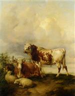 Thomas Sidney Cooper - Bilder Gemälde - A Bull and Cow with Two Sheep and Goat Painting