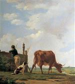 Thomas Sidney Cooper - Bilder Gemälde - A Peasant Boy with a Cow and a Dog